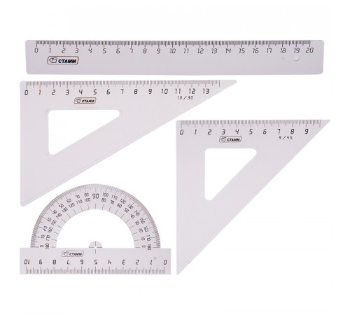 Набор чертежный средний Стамм. (треуг. 2шт.. линейка 20см. транспортир). прозрачный бесцветный
