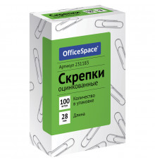 Скрепки 28мм, OfficeSpace, 100шт., оцинкованные, карт. упак.