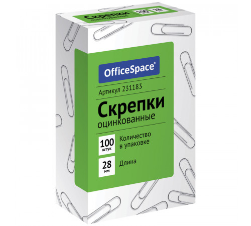 Скрепки 28мм, OfficeSpace, 100шт., оцинкованные, карт. упак.