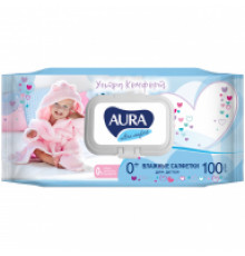 Салфетки влажные Aura "Ultra comfort", 100шт., детские, с алоэ, очищающие, без спирта, клапан