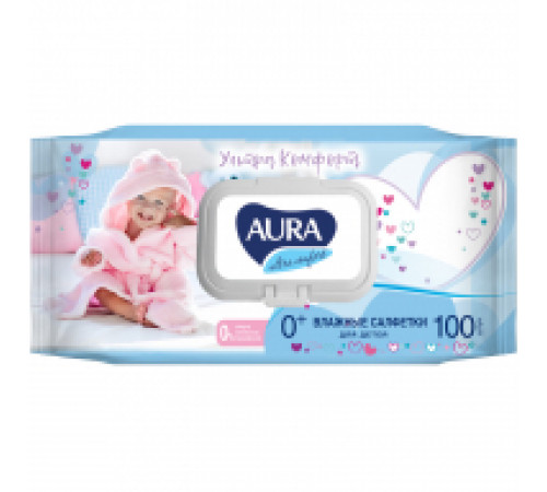 Салфетки влажные Aura "Ultra comfort", 100шт., детские, с алоэ, очищающие, без спирта, клапан