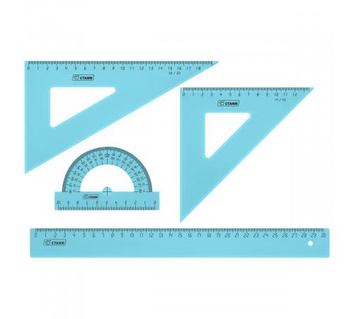 Набор чертежный большой СТАММ, (треуг. 2шт., линейка 30см, транспортир), прозрачный тонированный