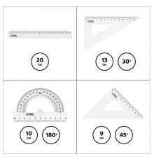 Набор чертежный СТАММ, размер M (линейка 20см, 2 треугольника, транспортир), прозрачный, бесцветный, европодвес