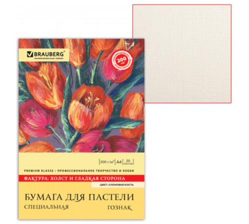 Папка для пастели А4, 210 х 297 мм, 20 листов, тонированная бумага, слоновая кость, ГОЗНАК «Холст», блок 200 г/м²