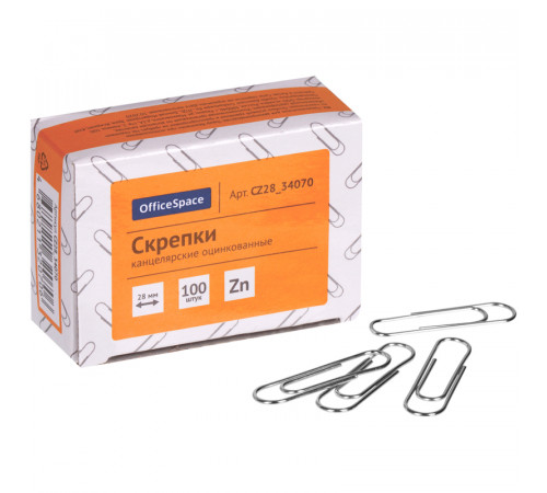Скрепки 28мм, OfficeSpace, 100шт., оцинкованные, карт. упаковка Скрепки 28мм, OfficeSpace, 100шт., оцинкованные, карт. упаковка