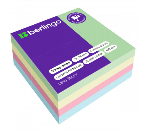 Самоклеящийся блок Berlingo "Ultra Sticky", 75*75мм, 400л., 4 пастельных цвета Самоклеящийся блок Berlingo "Ultra Sticky", 75*75мм, 400л., 4 пастельных цвета