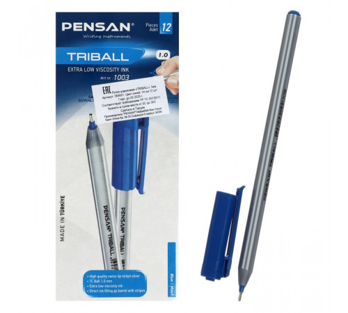 Ручка шариковая масляная Pensan "Triball", чернила синие, узел 1 мм, линия письма 0,5 мм, трехгранная Ручка шариковая масляная Pensan "Triball", чернила синие, узел 1 мм, линия письма 0,5 мм, трехгранная
