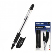 Ручка гелевая " Pensan " Soft Gel черная 0,5мм, толщина письма 0,3мм, игольчатый пишущий узел, прозрачный корпус, резиновый держатель