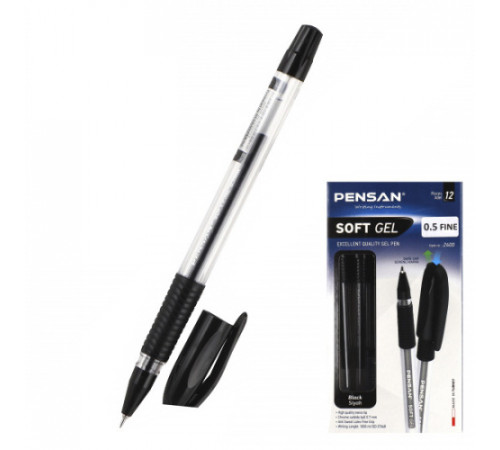 Ручка гелевая " Pensan " Soft Gel черная 0,5мм, толщина письма 0,3мм, игольчатый пишущий узел, прозрачный корпус, резиновый держатель