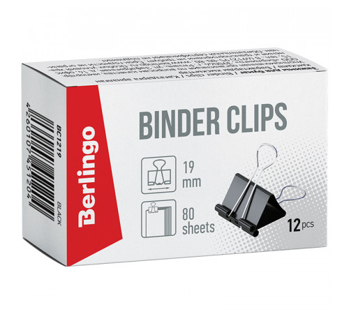 Зажимы для бумаг 19мм, Berlingo, 12шт., черные, картонная коробка, BC1219