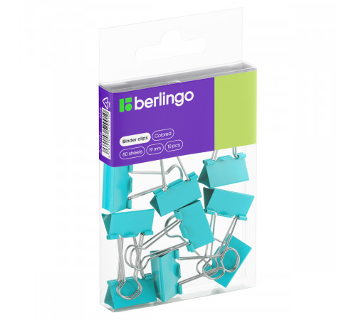 Зажимы для бумаг 19мм, Berlingo, 10шт., цветные, ПВХ упак., европодвес, голубые