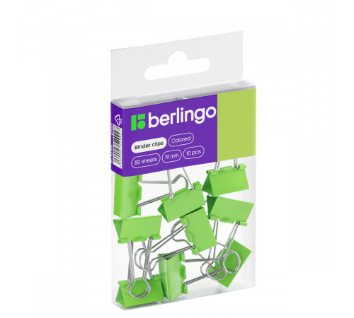 Зажимы для бумаг 19мм, Berlingo, 10шт., цветные, ПВХ упак., европодвес, зеленые