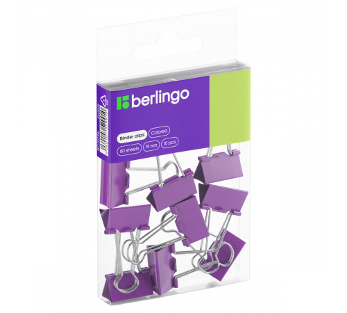 Зажимы для бумаг 19мм, Berlingo, 10шт., цветные, ПВХ упак., европодвес, фиолетовые