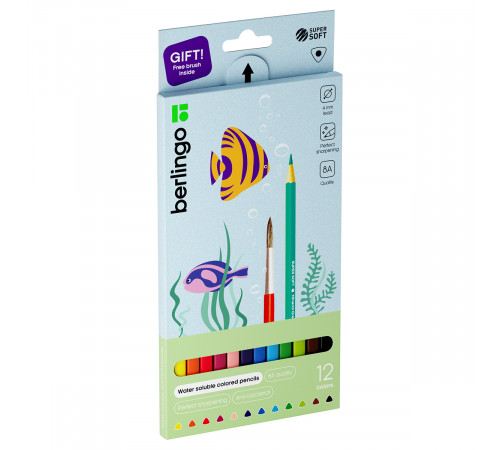 Карандаши акварельные Berlingo "SuperSoft. Рыбки", 12цв.+кисть, трехгран., заточен., картон, европодвес