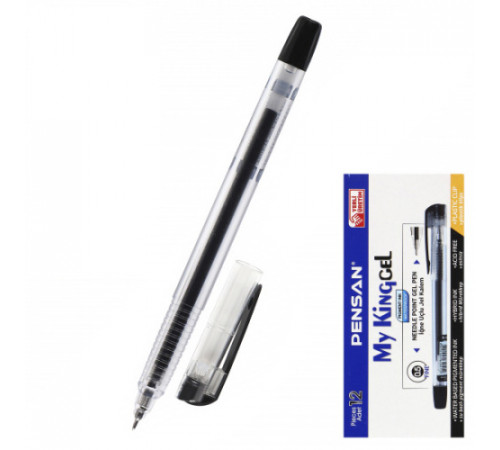 Ручка гелевая " Pensan " My King Gel черная 0,5мм, толщина письма 0,3мм, игольчатый пишущий узел, прозрачный корпус, резиновый держатель
