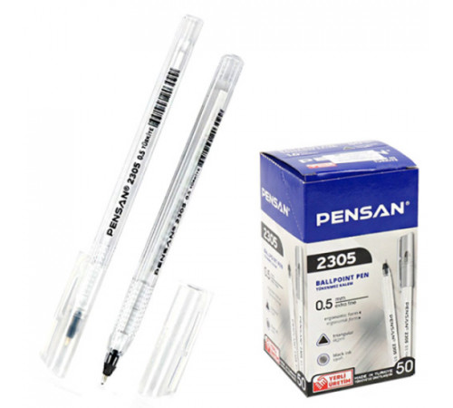Ручка шариковая " Pensan " Triangle черная 0,5мм, толщина письма 0,3мм, игольчатый пишущий узел, чернила на масляной основе, прозрачный трехгранный корпус, колпачок с клипом